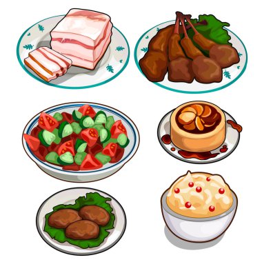 Salatası, tavuk, pirzola, puding, köpük ve domuz yağı