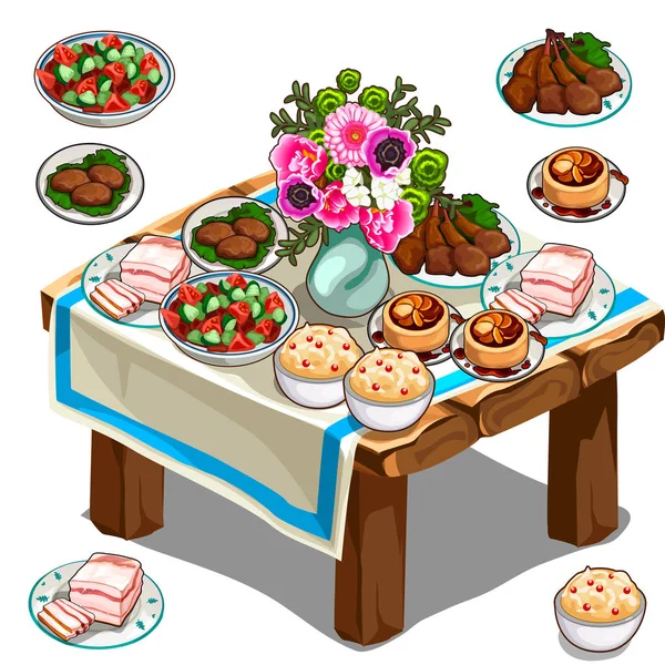 Festtafel mit leckerem Essen und Blumen — Stockvektor