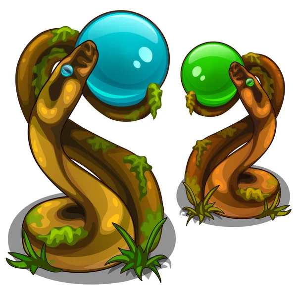 Фигуры змей, держащих шары, синие и зеленые — стоковый вектор
