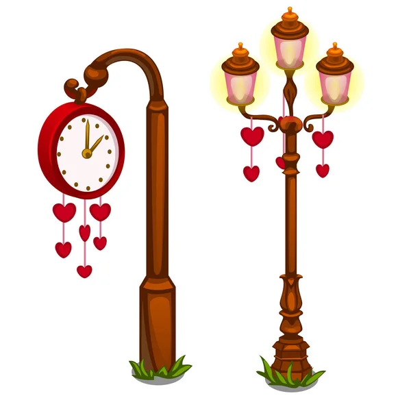 Reloj de calle y linterna con corazones. Vector — Vector de stock