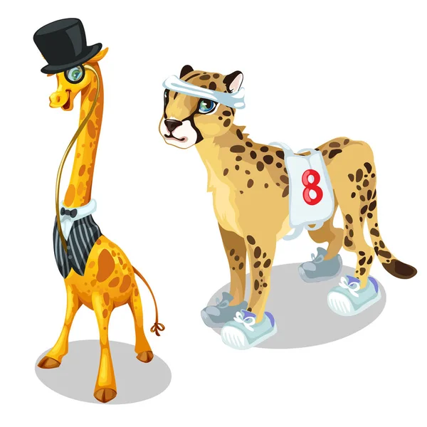 Giraffa in abito e leopardo in uniforme sportiva — Vettoriale Stock