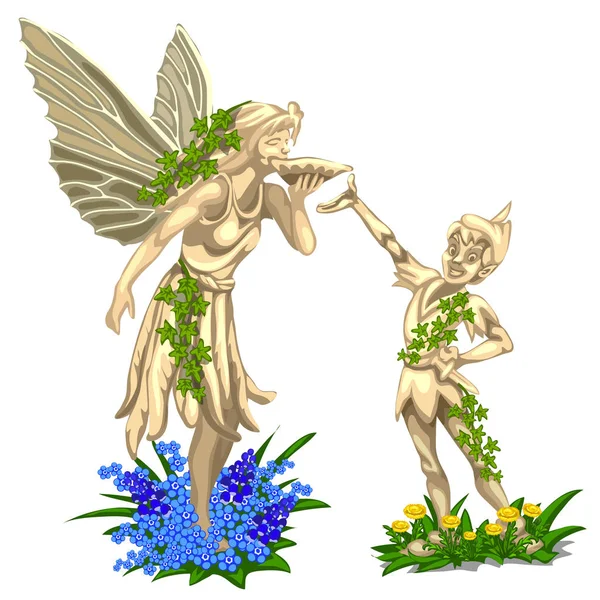 Sculpture of fairy with wings and cheerful boy — Stock Vector