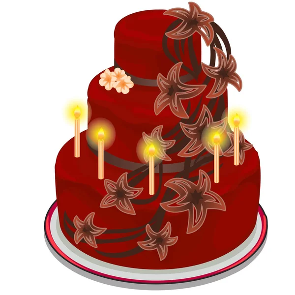 Gâteau de fête rouge avec des bougies allumées et décoré de fleurs. Anniversaire, mariage, concept d'anniversaire. Dessert vectoriel de vacances en style dessin animé sur fond blanc. Illustration isolée — Image vectorielle