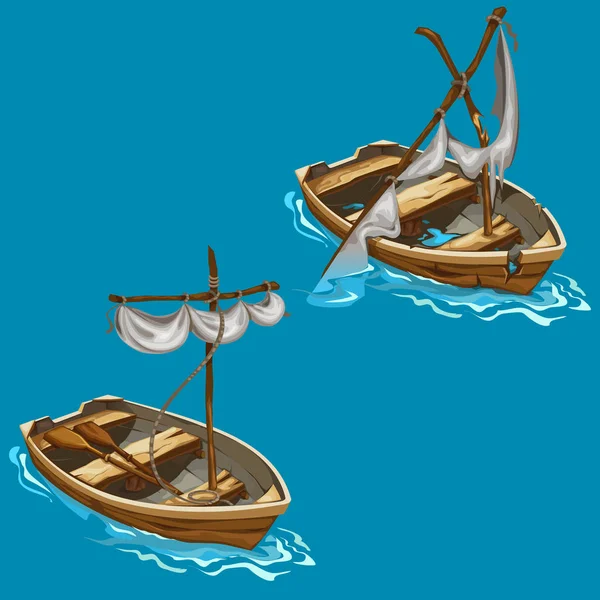 Barco viejo con velero en el agua en estilo de dibujos animados — Vector de stock