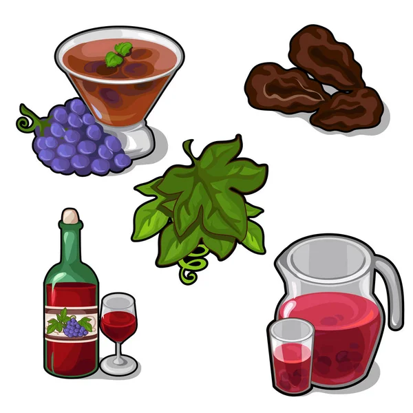 Set of drinks and desserts from red grapes isolated on white background. Five vector icons of food and drink — Stock Vector
