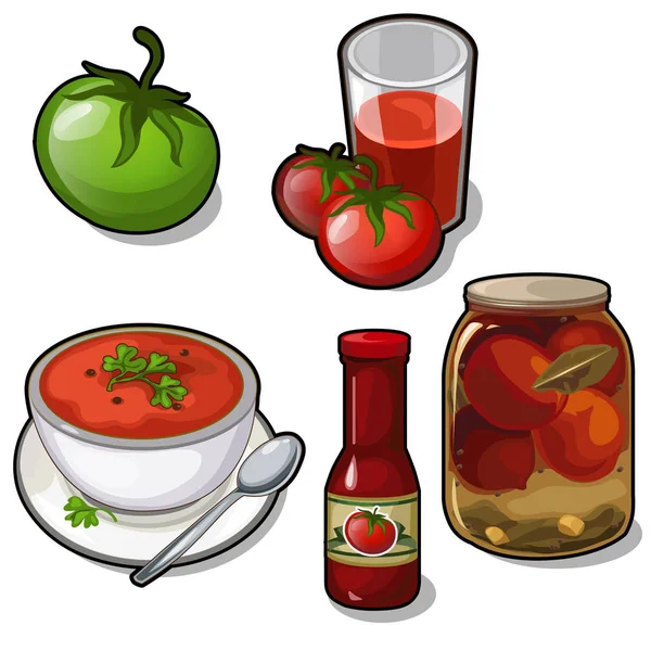 Jogo de pratos diferentes de tomates - suco, sopa, enlatado, ketchup isolado no contexto branco. Cinco ícones vetoriais de comida —  Vetores de Stock