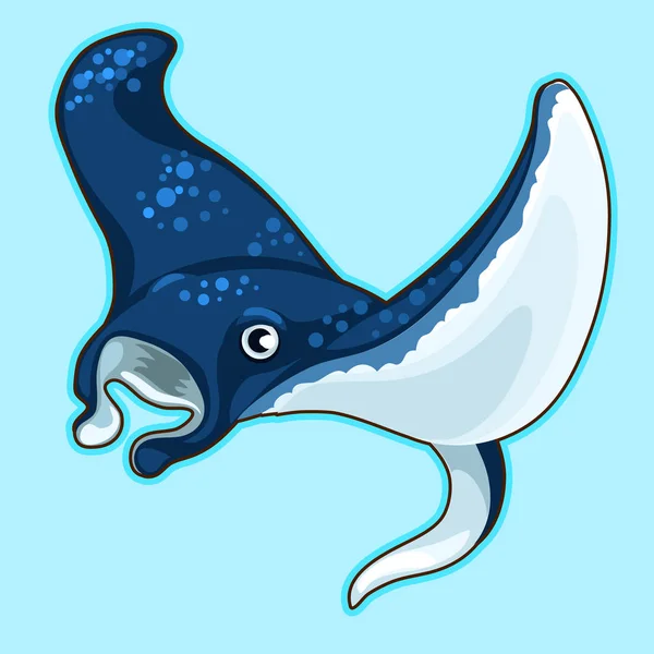 Cartoon a blue-spotted Stingray on blue background. Vektor ikan tropis - Stok Vektor