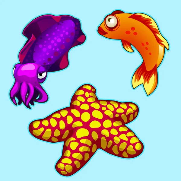 Calamares, estrellas de mar y peces tropicales sobre fondo azul. Serie vectorial de personajes de peces exóticos — Vector de stock