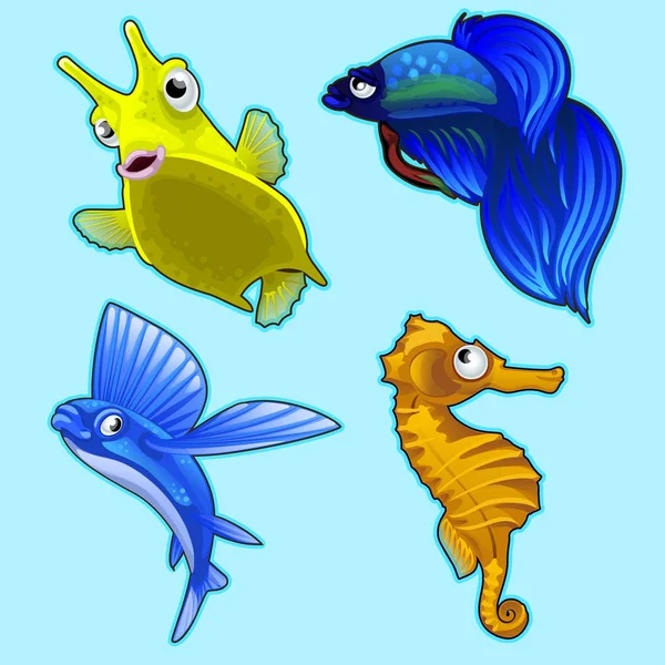 青色の背景に魚、タツノオトシゴ、他の熱帯魚を飛んでいます。エキゾチックな深層水文字のベクター シリーズ — ストックベクタ
