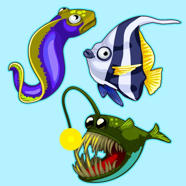 Conjunto de rape, anguila, peces tropicales rayados sobre fondo azul. Serie vectorial de personajes de peces exóticos — Vector de stock