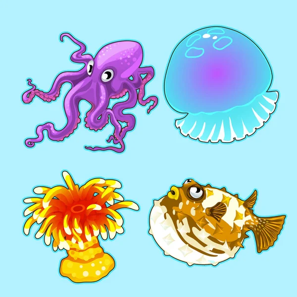 Medusas, pulpo, erizo de peces, coral sobre fondo azul. Serie vectorial de personajes de peces exóticos — Vector de stock