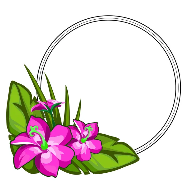Φωτεινό ροζ λουλούδι σε μεγάλα πράσινα φύλλα, ανθοδετική με κυκλικό πλαίσιο κειμένου. Έννοια των διακοπών. Εικονογράφηση διάνυσμα σε ύφος κινούμενων σχεδίων που απομονώνονται σε λευκό φόντο — Διανυσματικό Αρχείο