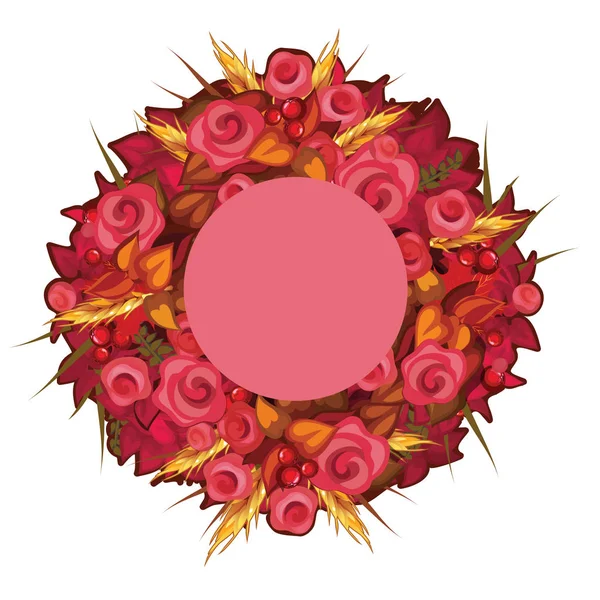 Φθινοπωρινό στεφάνι με κόκκινα τριαντάφυλλα και τα αυτιά του σιταριού με το πλαίσιο κειμένου. Κάρτα για την έννοια των διακοπών. Εικονογράφηση διάνυσμα σε ύφος κινούμενων σχεδίων που απομονώνονται σε λευκό φόντο — Διανυσματικό Αρχείο