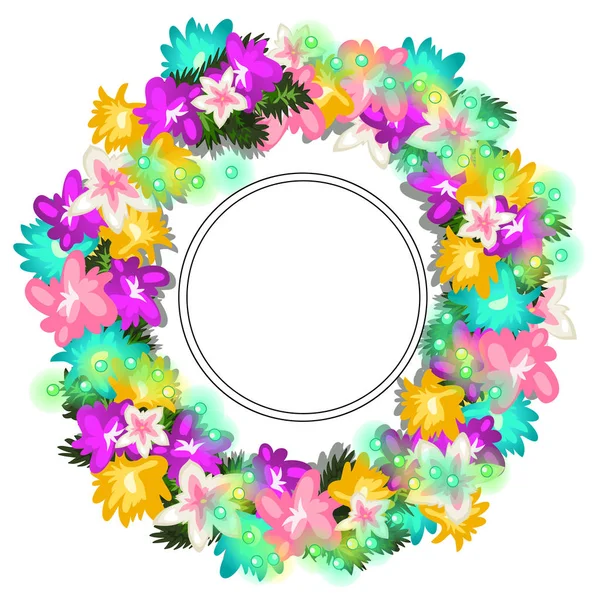 Bright wreath of different flowers and beads with frame for your text. Holiday concept. Vector illustration in cartoon style isolated on a white background — Stock Vector