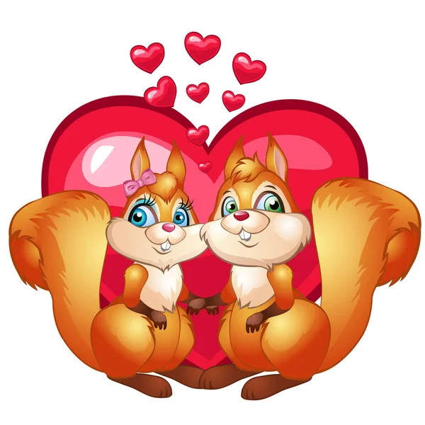 Zwei liebe Eichhörnchen auf dem Hintergrund der Herzen. Festliches Konzept. Vektorbild im Cartoon-Stil. Illustration isoliert auf weißem Hintergrund — Stockvektor
