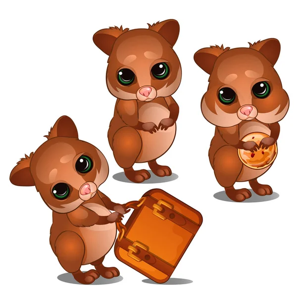 Tre hamster med resväska och kex. Vector djur. Illustration i tecknad stil isolerad på vit bakgrund — Stock vektor