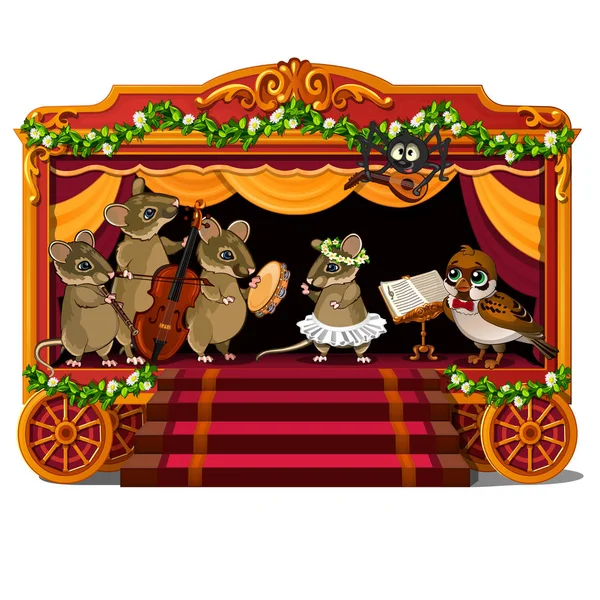 Mice, bird and spider with musical instruments on festive mobile scene show performance. Animal and holiday concept. Vector illustration in cartoon style isolated on white background — Stock Vector