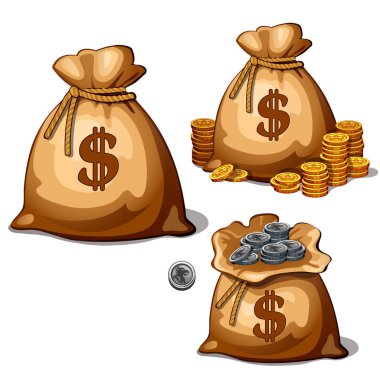 Çanta ile Royal altın ve gümüş paralar. Üç resim karikatür tasarım. Beyaz bir arka plan üzerinde izole vektör çizim