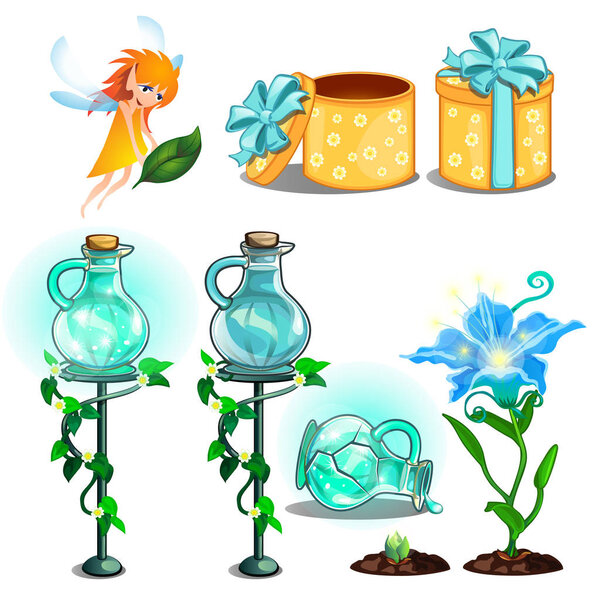 Волшебное цветочное зелье, растущие растения, подарочная коробка и фея. Набор мультфильмов для игр, детских книг и других проектов. Векторная иллюстрация на белом фоне
