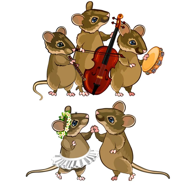 Персонажи мышей. Музыкальный оркестр и танцующая пара. Концепция праздника. Векторная иллюстрация в карикатурном стиле на белом фоне — стоковый вектор