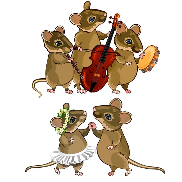 Personagens de rato. Orquestra musical e um casal dançante. Conceito de férias. Ilustração vetorial em estilo cartoon isolado sobre fundo branco — Vetor de Stock