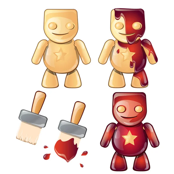 Pan de jengibre o carácter humano de madera, Etapas de la pintura en color rojo. Concepto de vacaciones. Ilustración vectorial en estilo de dibujos animados aislados sobre fondo blanco — Vector de stock