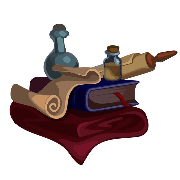 Livros medievais, manuscritos rolagem, frascos e xadrez. Imagem em desenho animado. Ilustração vetorial isolada sobre fundo branco — Vetor de Stock