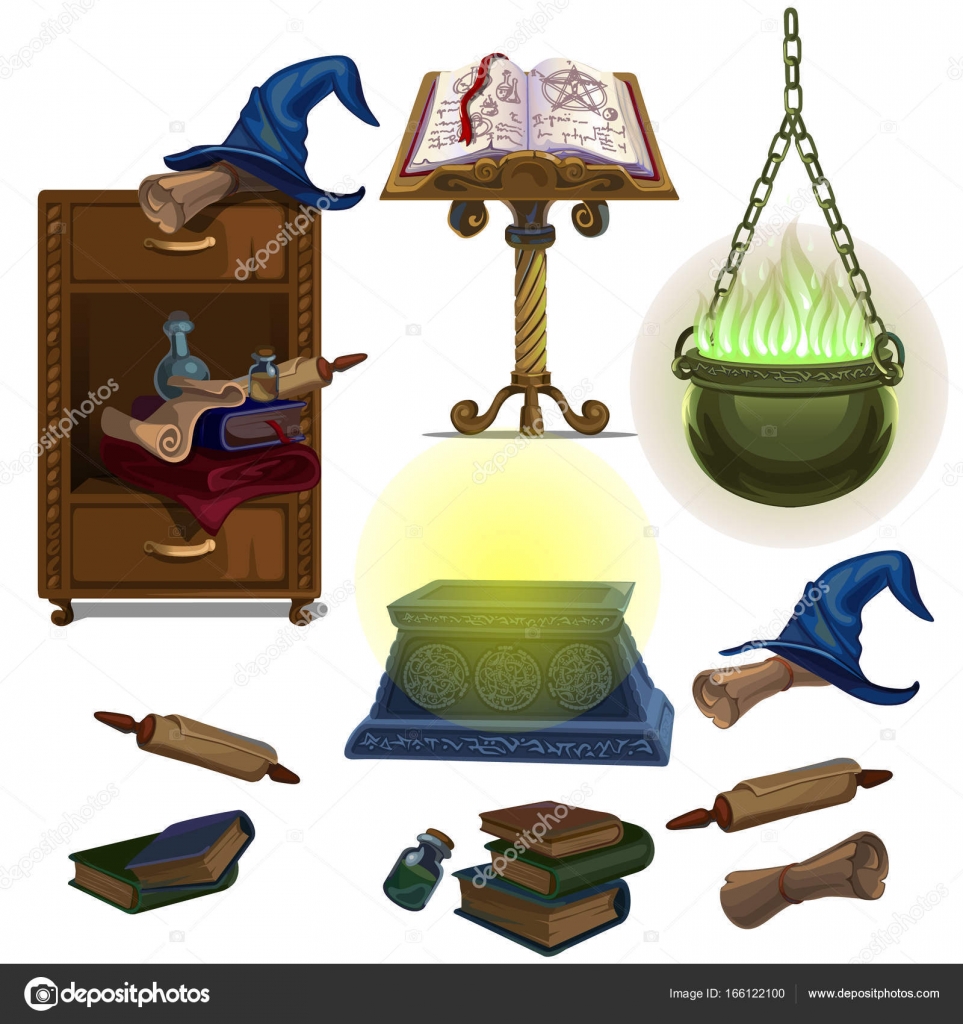 Acculite ancient manuscripts, books, pot with potion, witch hat Stock  Vector by ©Anton_Lunkov 166122100