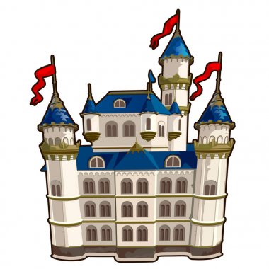 Fairytale kale mavi çatı ve kırmızı bayraklar karikatür tasarım. Beyaz bir arka plan üzerinde izole vektör çizim