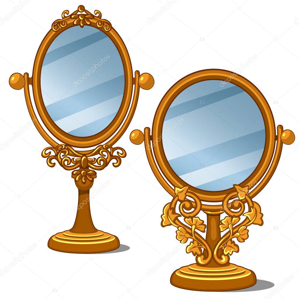Two mirrors with golden frame and petal ornament in vintage style. Vector illustration in cartoon style on white background. Image isolated for your design needs