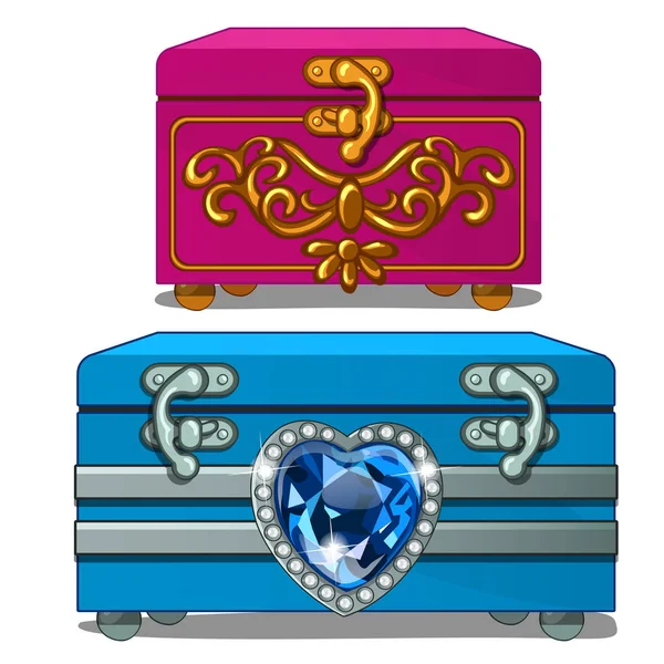 Caja rosa con decoración de oro y cerradura y caja azul con corazón de zafiro. ataúd femenino para accesorios en estilo de dibujos animados. Ilustración vectorial aislada sobre fondo blanco — Vector de stock