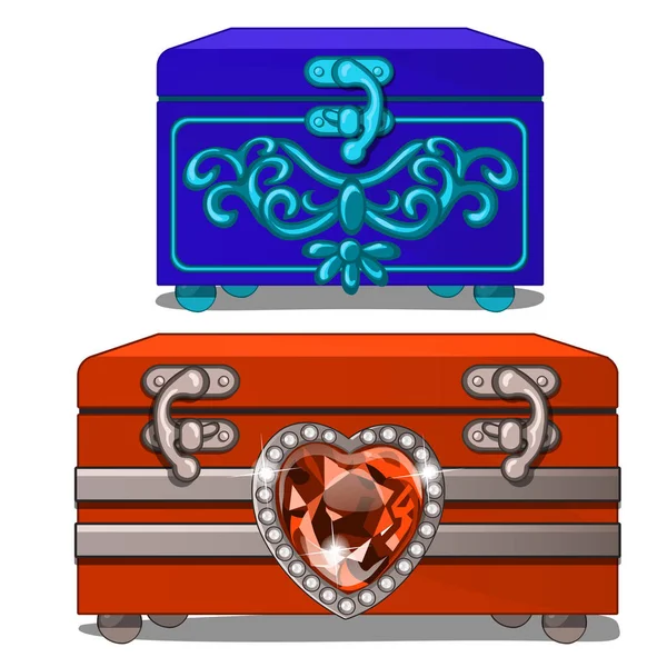 Blue box with ornament and red box with ruby heart. Female casket for accessories and jewelry. Image in cartoon style. Vector illustration isolated on white background — Stock Vector