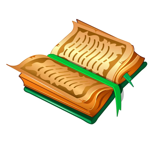 Древняя книга с пергаментными листами и зеленой обложкой и закладками — стоковый вектор