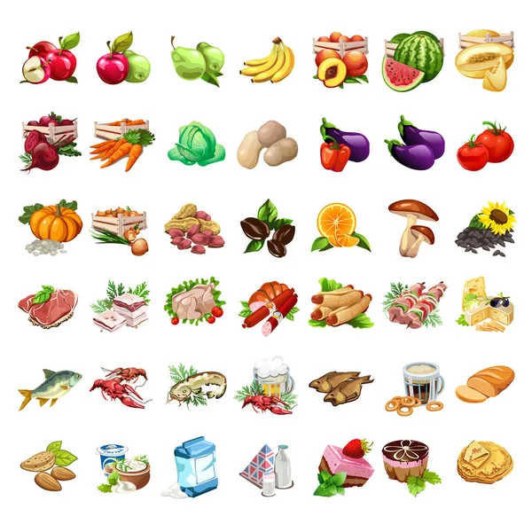 Fruits, vegetables, meat products, beer, snack, milk and dessert set. 42 icons of food in cartoon style. Big vector collection for eat, cook design projects. Illustration isolated on white background — Stock Vector