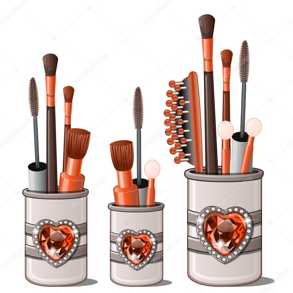 Makeup brushes, mascara, comb, cotton buds in cup holder with ruby heart framed with diamonds. Womens cosmetic stuff. Female beauty product in cartoon style. Vector illustration isolated on white