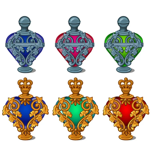 Goud en zilver parfumflesjes in vorm van hart. Rood, blauw, groen vintage flesjes met gouden petal sieraad en kroon kurk. Vrouwelijke spul, schoonheidsproduct in cartoon stijl. Vector geïsoleerd op wit — Stockvector