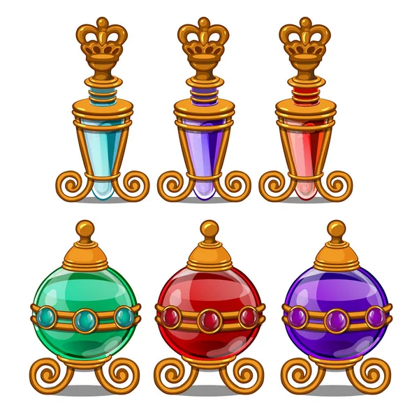 Seis botellas de perfume real con adorno de oro y corona. Viales violeta, verde, rojo, azul. Cosas femeninas, producto de belleza en estilo de dibujos animados. Ilustración vectorial aislada sobre fondo blanco — Vector de stock