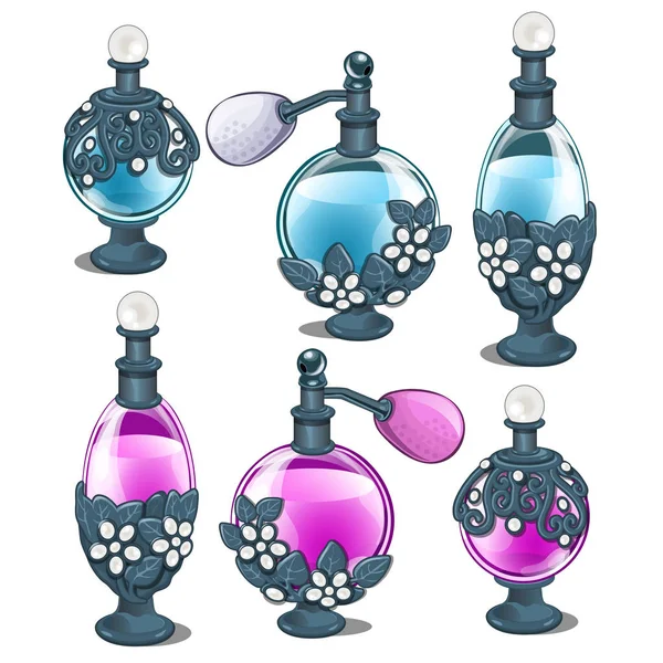 Seis frascos de perfume com ornamento floral de prata. Frascos para injetáveis azuis e cor-de-rosa formas diferentes. Coisas femininas, produto de beleza em estilo cartoon. Ilustração vetorial isolada sobre fundo branco —  Vetores de Stock