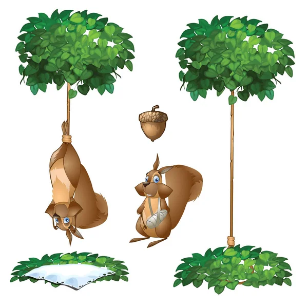 Trampa para ardilla: un animal colgado de la cuerda del árbol y otro con la pata rota. Imagen escénica vectorial en estilo de dibujos animados. Ilustración aislada sobre fondo blanco — Vector de stock