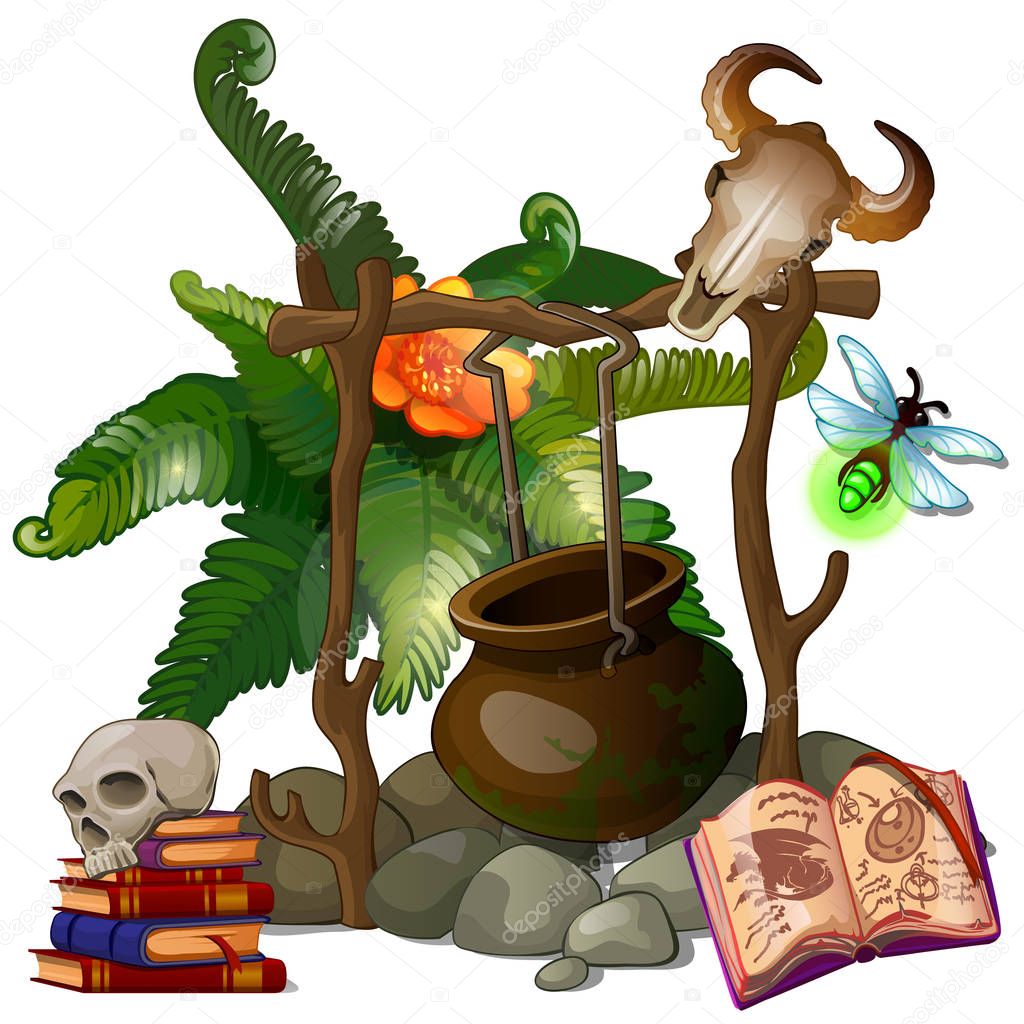 Camp witch or sorcerer with pot on firewood, ritual items, exotic plant. Halloween scenic concept. Vector plant in cartoon style. Illustration isolated on white background