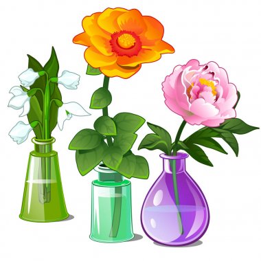 Kardelen, peonies ve cam vazo içinde çiçeğe bakın. Beyaz arka plan üzerinde izole karikatür tarzı resimde vektör