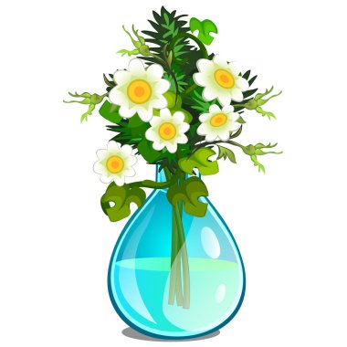 Cam Vazoda beyaz papatyalardan buket. Beyaz arka plan üzerinde izole karikatür tarzı resimde vektör