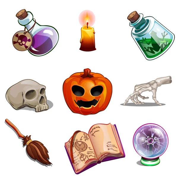 Símbolos de Halloween: cráneo de humano, libro de hechizos, veneno, vela, mano de esqueleto, bola de predicciones, escoba de bruja, calabaza. Nueve iconos vectoriales establecidos aislados sobre fondo blanco — Vector de stock