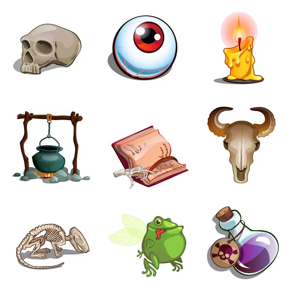 Symbols of Halloween - skull of human and animal, toad mutant, eye, pot, book of spells, poison, candle, skeleton hand. Nine vector icons set isolated on white background — Stock Vector