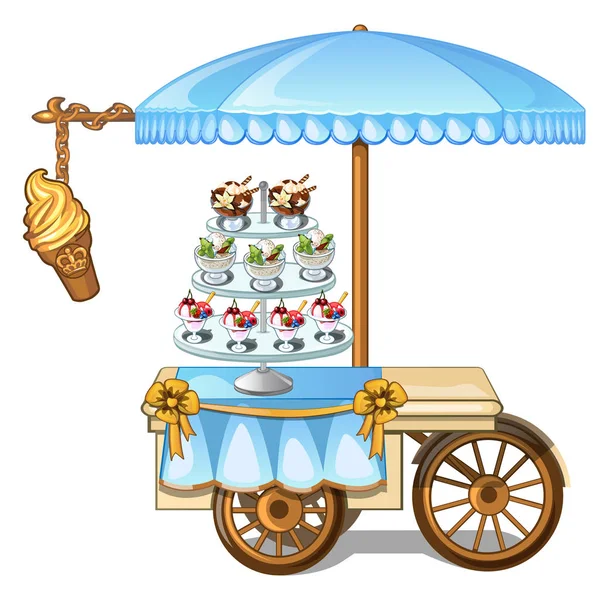 Festival tablo kiosk satan dondurma. Mavi masa örtüsü üzerinde farklı tepesi ile lezzetli dondurma. Tekerlekli masada altın şerit dekore edilmiştir. Beyaz arka plan üzerinde izole vektör çizim