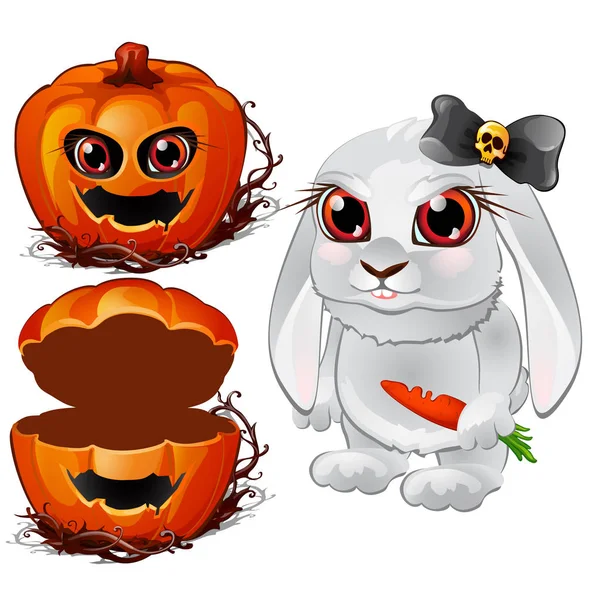 Coelho branco com olhos vermelhos, arco preto e cenoura e abóbora de Halloween. Ilustração vetorial em estilo cartoon isolado em um fundo branco —  Vetores de Stock