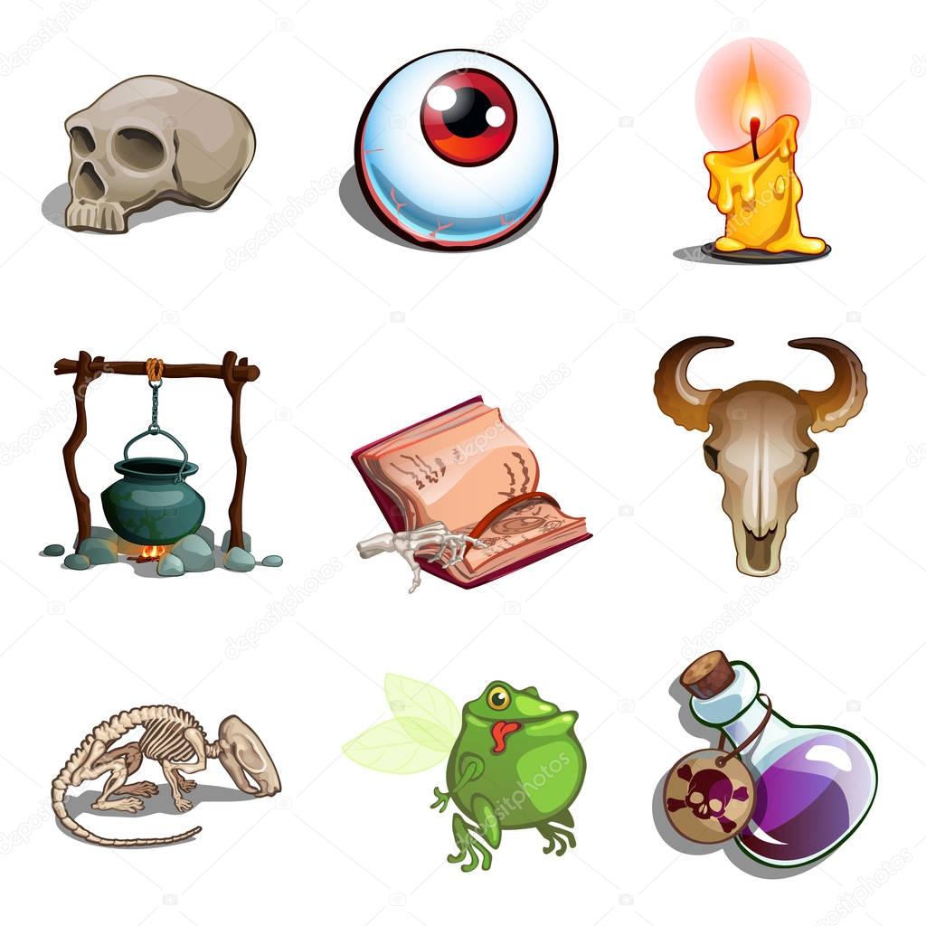 Symbols of Halloween - skull of human and animal, toad mutant, eye, pot, book of spells, poison, candle, skeleton hand. Nine vector icons set isolated on white background