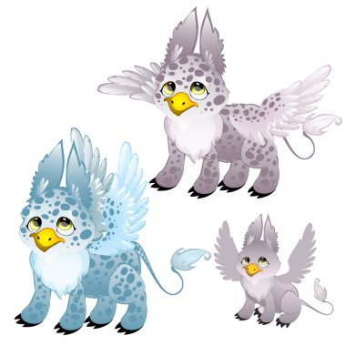 Yetişkin mavi ve gri benekli griffin ve küçük griffin. fantezi hayvanlar animasyon, çocuk açıklamalar, kitap ve diğer tasarım ihtiyaçları için. Beyaz arka plan üzerinde izole vektör
