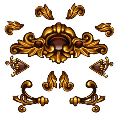 Altın dekoratif öğeler, çiçek bukleler, oklar, ses desen beyaz arka plan üzerinde izole. Dekorasyon oyunları veya diğer tasarım projeleri için. Beyaz arka plan üzerinde izole vektör çizim