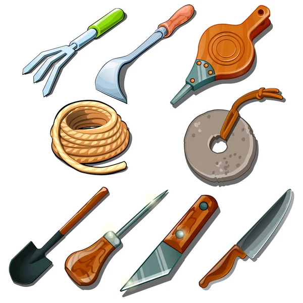 Tools for gardener, carpenter and repairman, set of nine icons in cartoon style. Vector illustration isolated on white background — Stock Vector